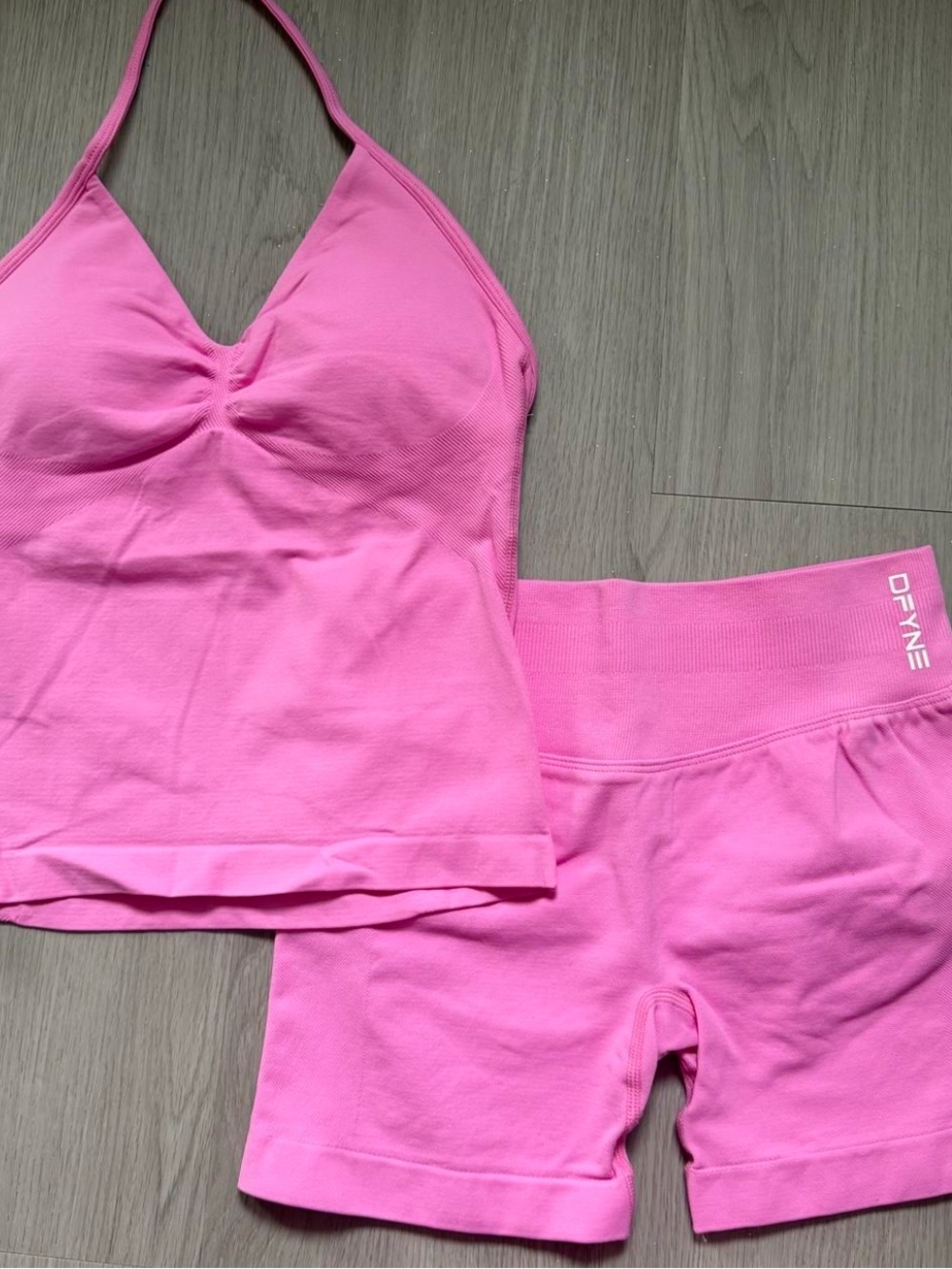 DFyne pink impact sports bra and shorts set